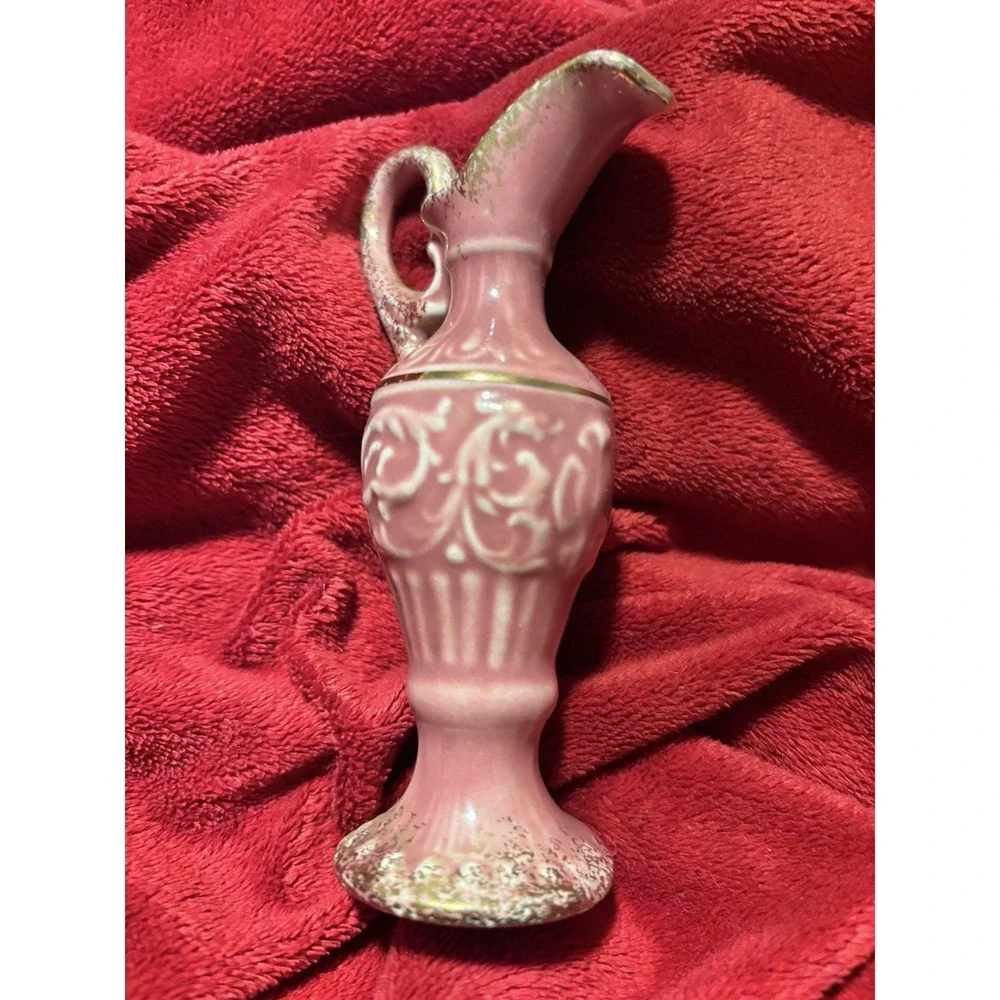 VTG Rose Pink Ceramic Ewer Vase Embossed Scroll Work Gold Trim 4.5